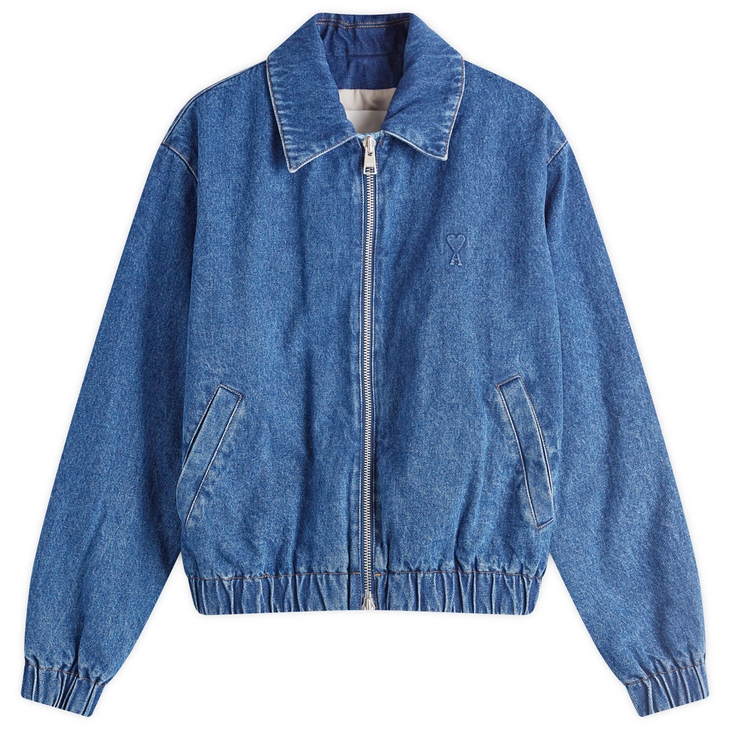 AMI Paris Men's Zipped Denim Bomber Jacket Blue
